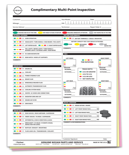 7294-0513 • Nissan Multi-Point Inspection Report Card, 3 Part, Quantity 1000